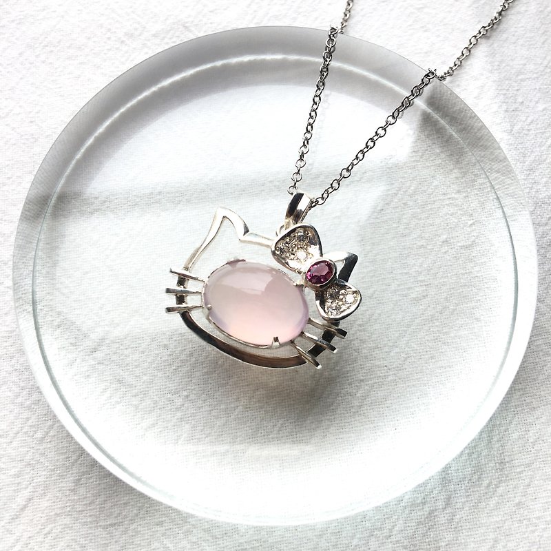 Pink crystal 925 sterling silver kitten necklace Nepal handmade silverware - Necklaces - Gemstone Silver