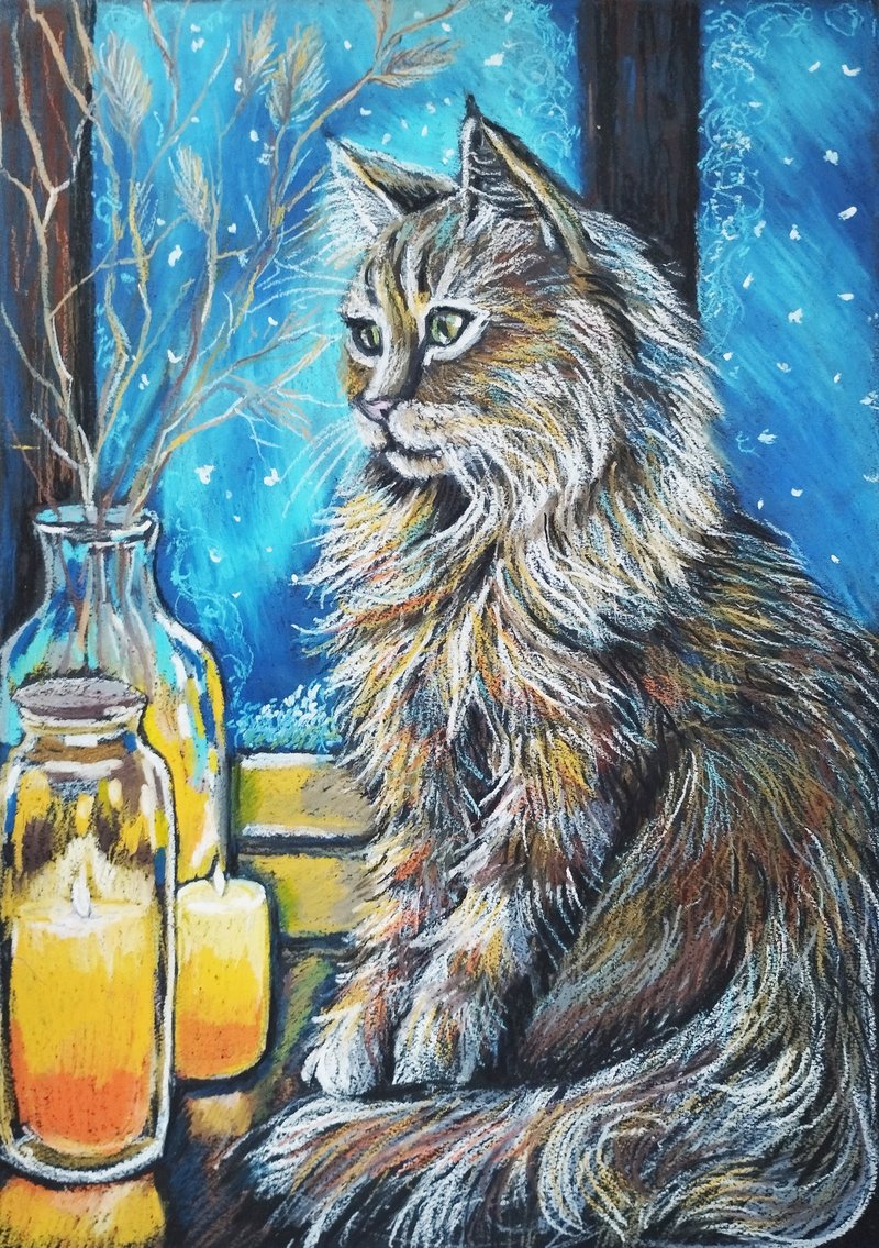 肖像貓畫動物藝術冬季舒適藝術蠟燭 - 牆貼/牆身裝飾 - 紙 藍色