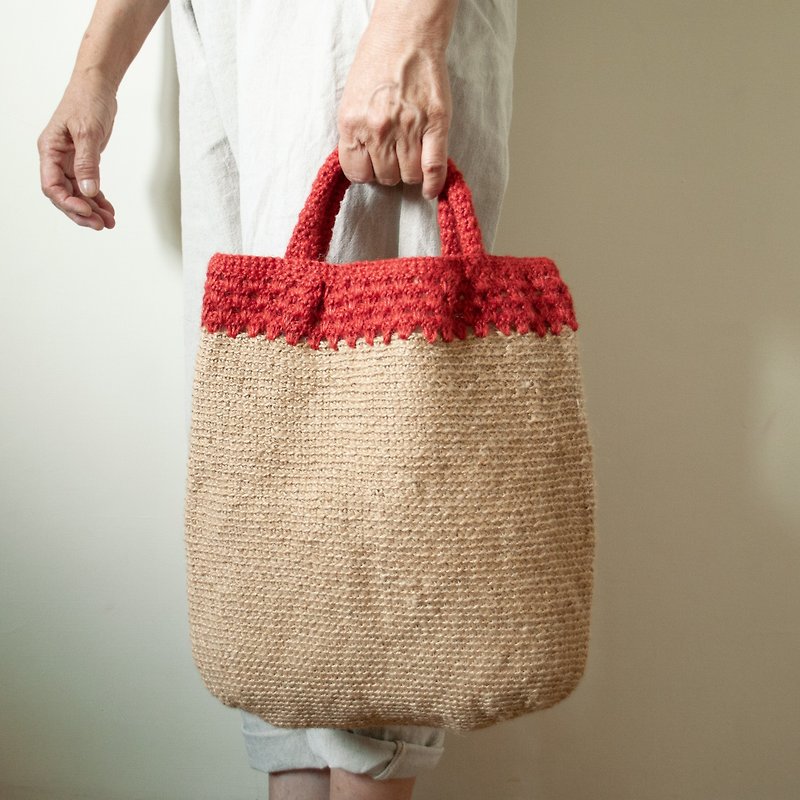 Red meat plum portable Linen braided bag/red original Linen Linen braided/ - กระเป๋าถือ - ผ้าฝ้าย/ผ้าลินิน สีแดง