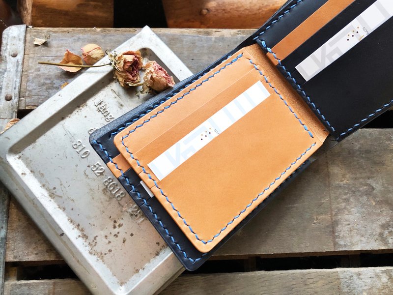 11-bit card Binder good sewing leather material sandwiched short packet shorter Silver couple wallet packet vegetable tanning lettering - เครื่องหนัง - หนังแท้ สีส้ม