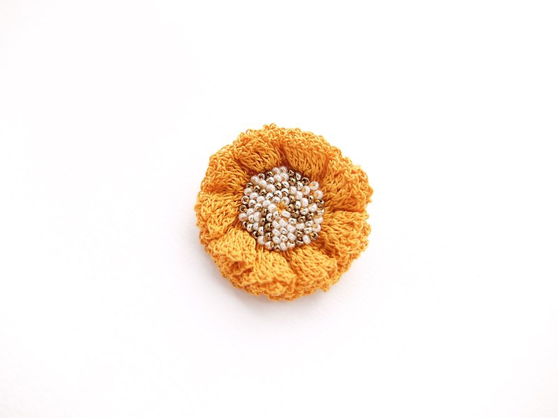 Flower brooch Mustard color - Brooches - Cotton & Hemp Yellow