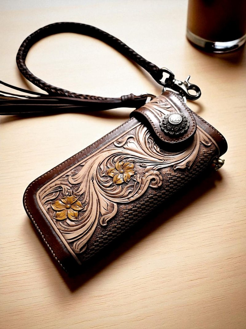 Vegetable Tooled Leather Long Wallet for Men and Women  / JNL-WA003 - 錢包/皮夾/長短夾 - 真皮 咖啡色