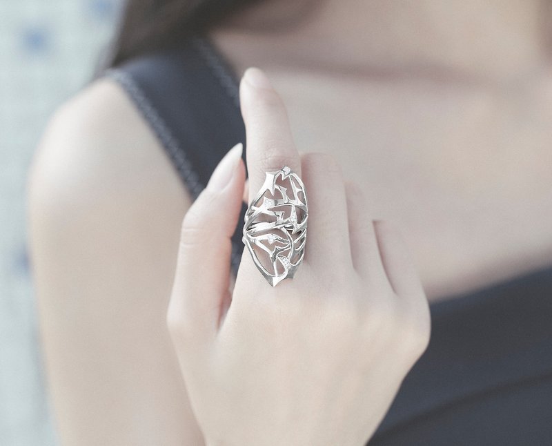 鑽石925純銀刺環長戒指 獨特樹枝造型大戒指 金合歡荊棘全指戒 - 戒指 - 鑽石 銀色