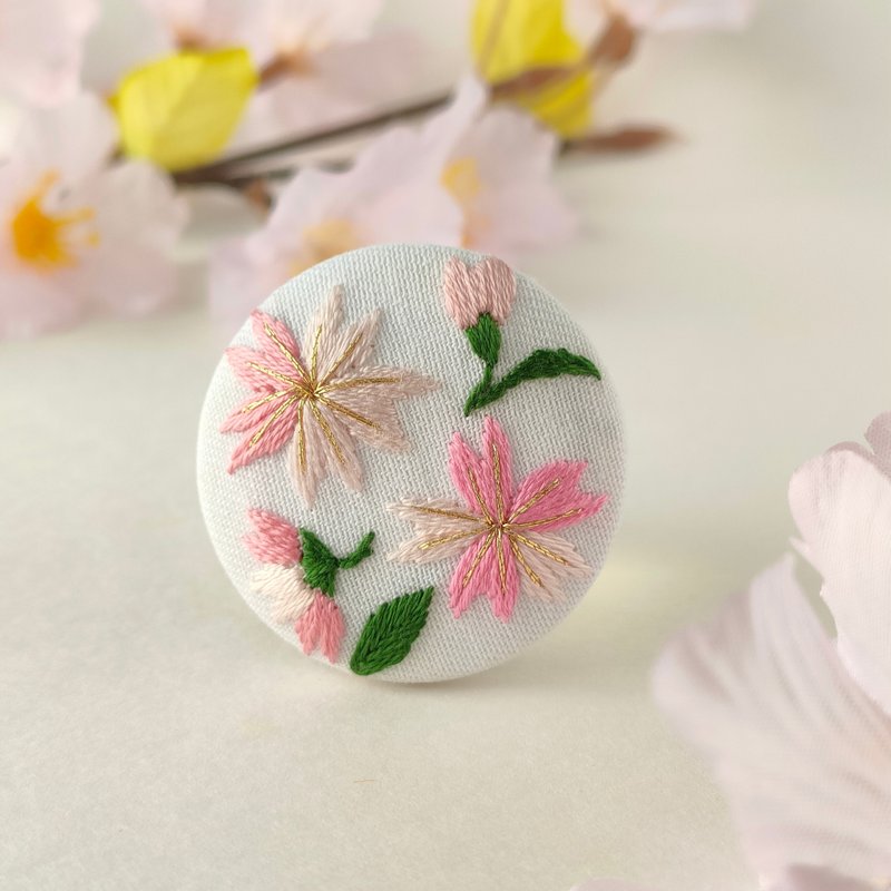 A cherry blossom embroidered brooch or hair tie to herald spring - Brooches - Cotton & Hemp Pink