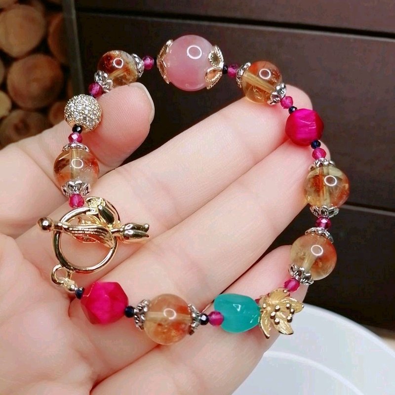 Gold and Silver Treasure Jinyin caibao Yellow Asai Citrine Pink Crystal Rose Red Tiger Eye T Buckle Chain - Bracelets - Gemstone 