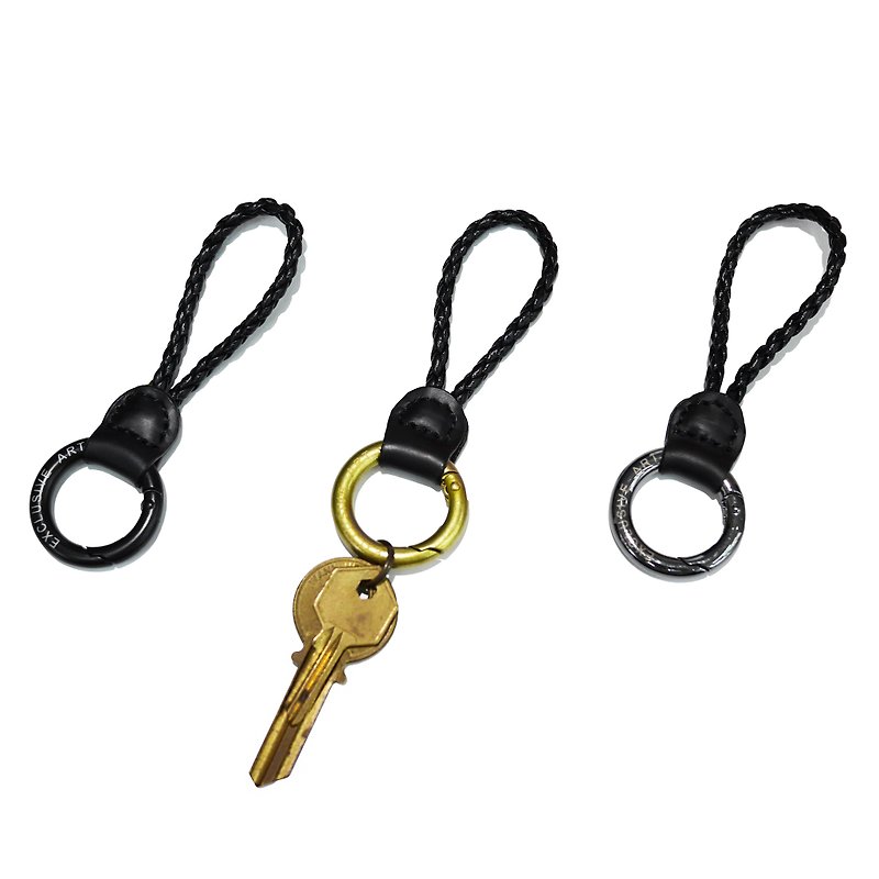 Black leather braided key ring - short - ที่ห้อยกุญแจ - หนังแท้ สีดำ