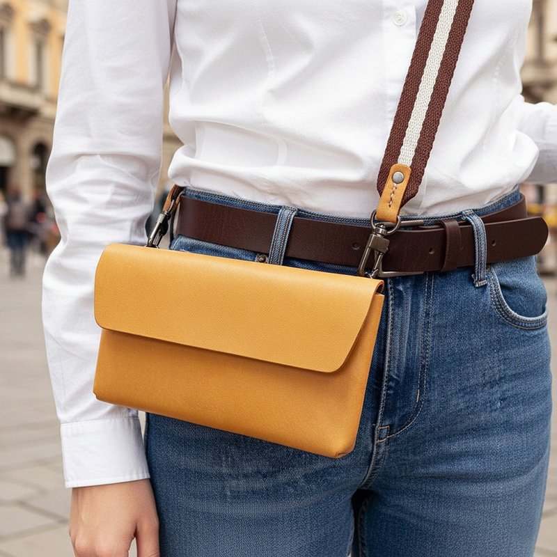 COZI - イタリア産植物タンニンなめしレザー 6.9インチ横型多機能携帯電話用クロスボディバッグ - ファッショナブルなストライプショルダーストラップ付き - スマホケース・カバー - 革 ブラウン