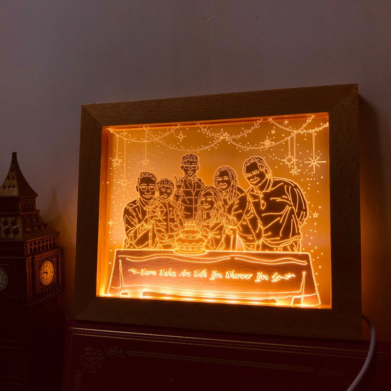 [Customized gift] Photo frame lamp painting horizontal | Portraits of multiple people customized family photos | Silhouette paper carvings at night | - Lighting - Paper Orange