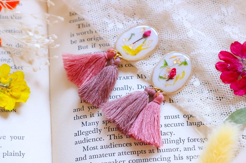 Flower resin double tassel - Earrings & Clip-ons - Resin Pink