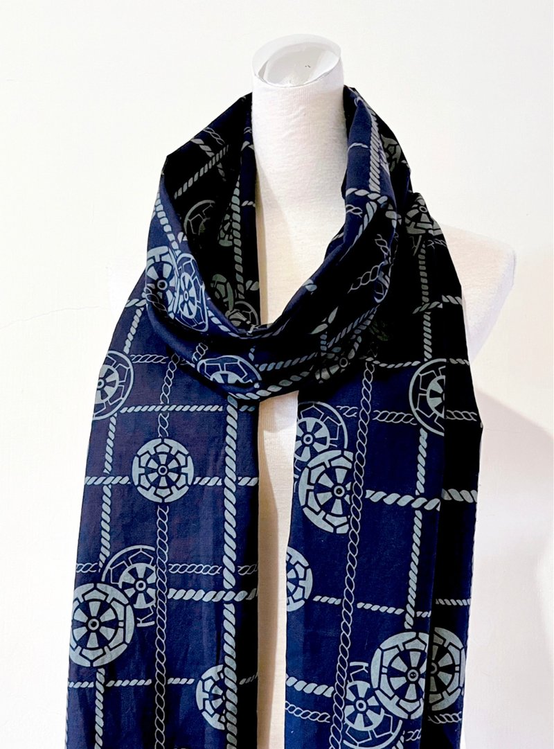 Pure handmade / Japanese antique pure cotton dark blue navy Linen line sense single layer scarf shawl - ผ้าพันคอถัก - ผ้าฝ้าย/ผ้าลินิน สีดำ