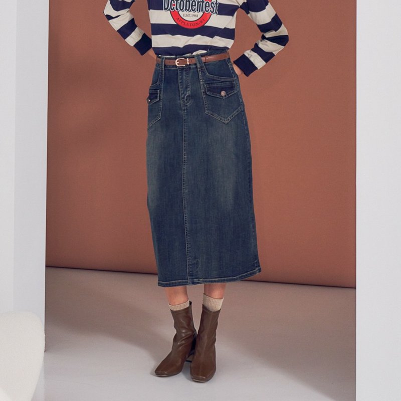 【MEDUSA】Pockets Straight Denim Skirt - Skirts - Cotton & Hemp Blue