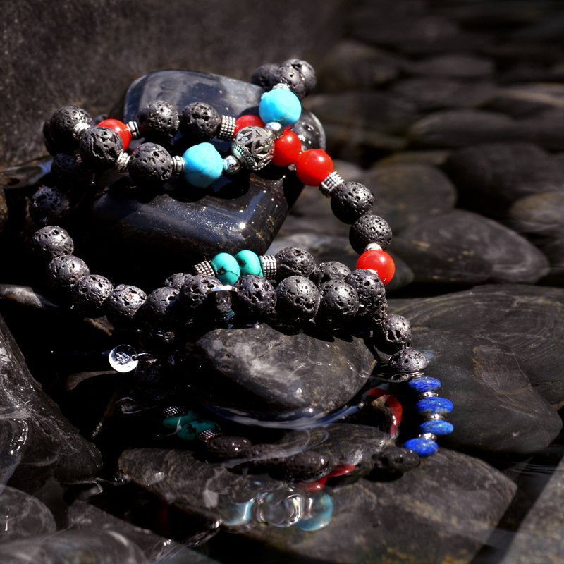 Volcanic Lava Stone Mens Beaded Bracelet - 手鍊/手環 - 其他材質 黑色