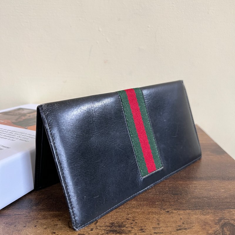 Antique Gucci Gucci Leather Green and Red Webbing Long Clip - กระเป๋าสตางค์ - หนังแท้ สีดำ