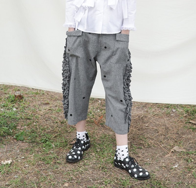 Grey floral casual pants - imakokoni - กางเกงขายาว - ผ้าฝ้าย/ผ้าลินิน สีดำ