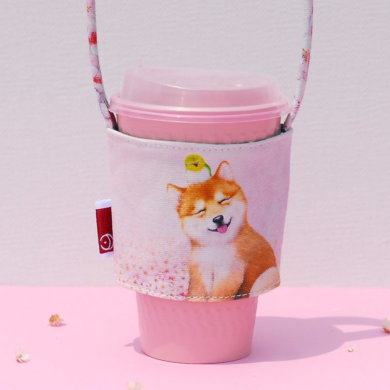 Smile Shiba Inu Drink Bag - Beverage Holders & Bags - Cotton & Hemp Pink