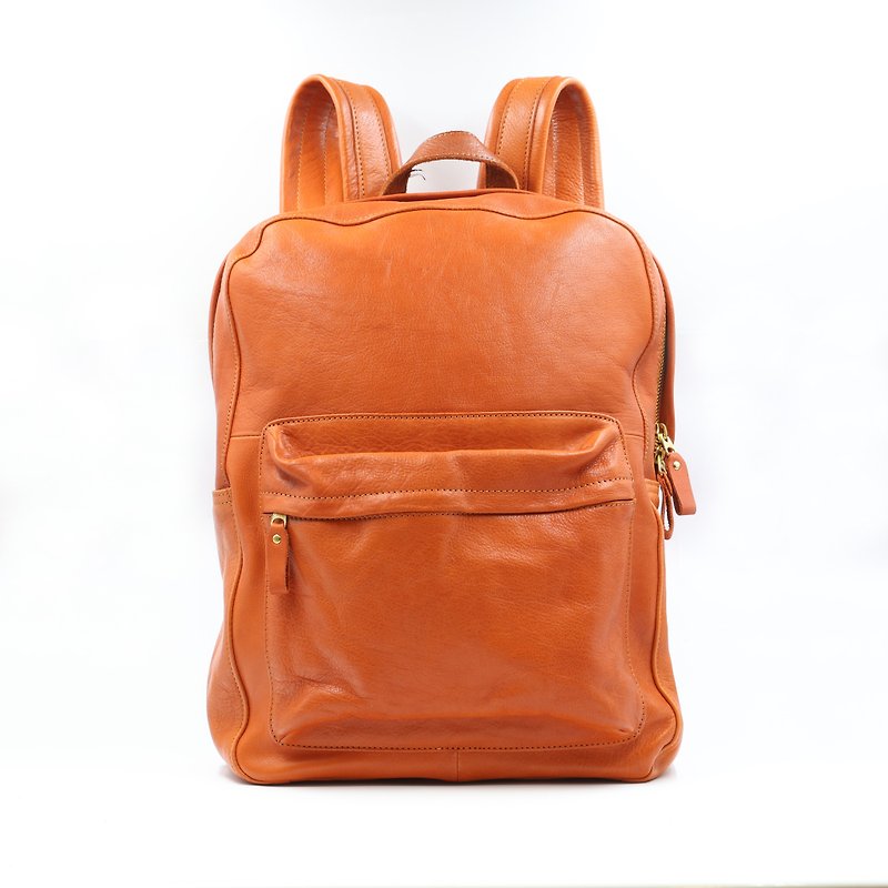 Handmade vegetable tanned leather-L size backpack leather backpack - กระเป๋าเป้สะพายหลัง - หนังแท้ 