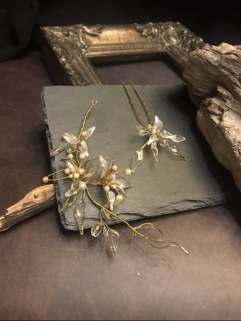 冒牌老闆娘 king_boss水晶花珍珠線條水晶頭飾組 - 髮夾/髮圈 - 其他材質 卡其色