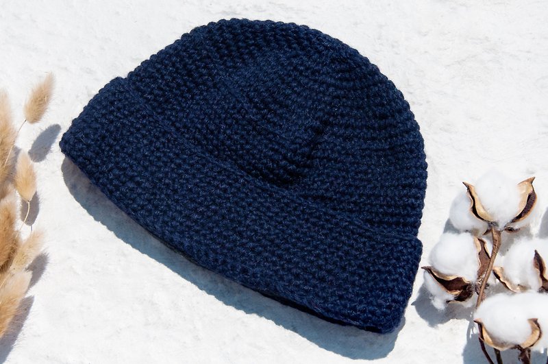 Hand-knitted pure wool hat/knitted hat/knitted woolen hat/inner bristles hand knitted woolen hat/wool hat-Navy - Hats & Caps - Wool Blue