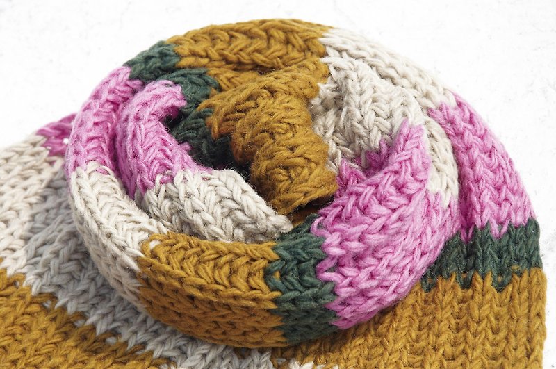 クリスマスプレゼントは、手編みのピュアウールスカーフ/ニットスカーフ/手編みのストライプスカーフ/手編みのスカーフ（ネパール製）-ピンクのデザートストライプに限定されています