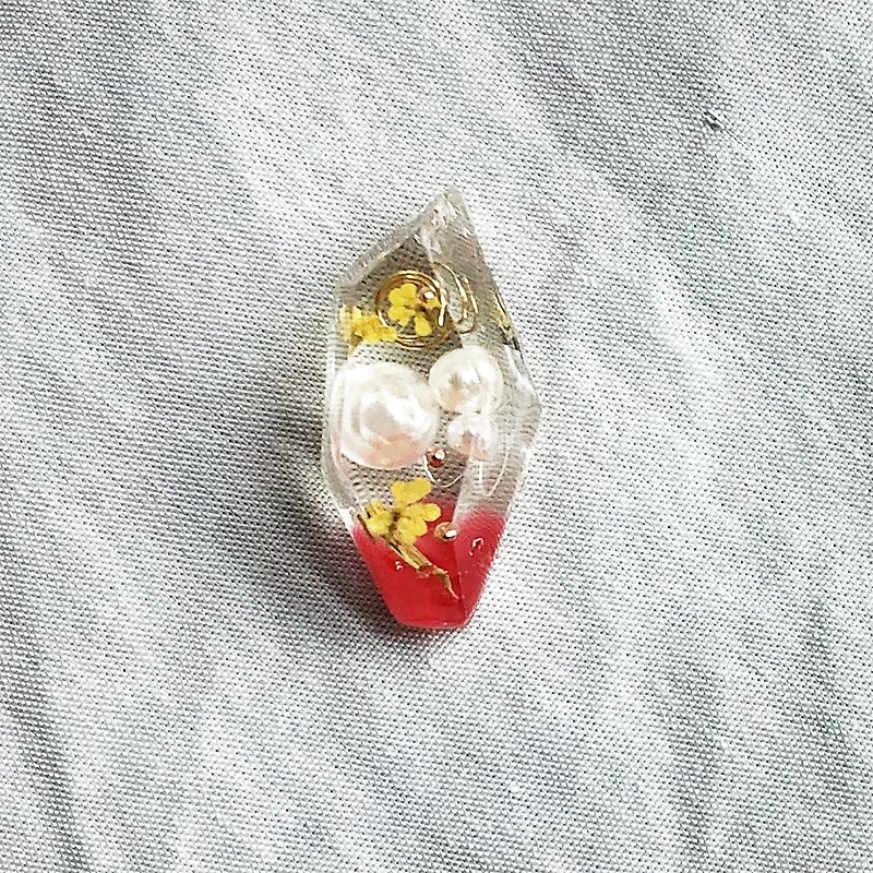 蕾絲花透明寶石耳環 - 紅色 (316耳針 / 螺旋式耳夾)