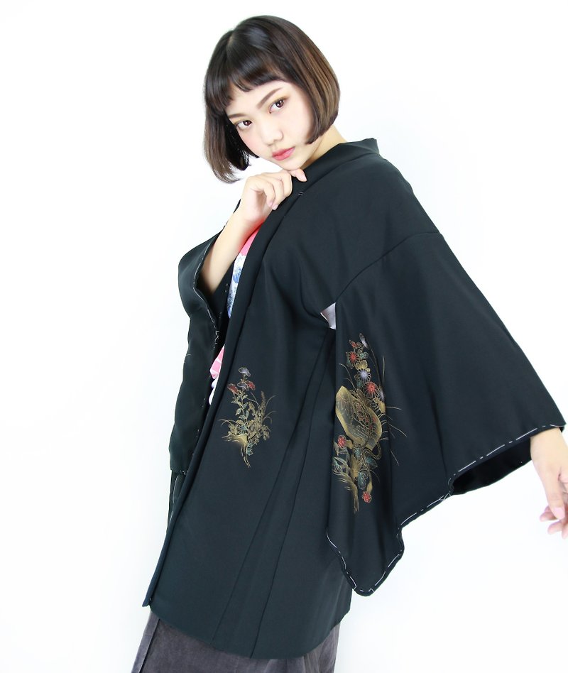 Back to Green :: Japan back and kimono hand-painted gold antiquities // men and women can wear / / vintage kimono (KI-102) - Women's Casual & Functional Jackets - Paper 