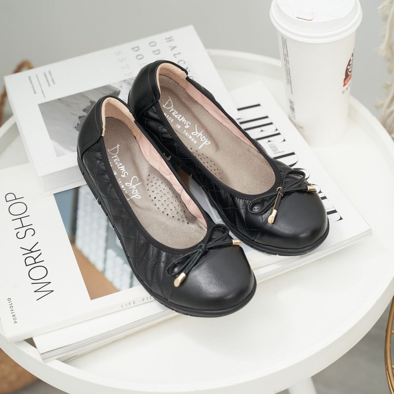 Wide last air cushion_diamond bow elastic band doll shoes black - รองเท้าบัลเลต์ - หนังแท้ สีดำ