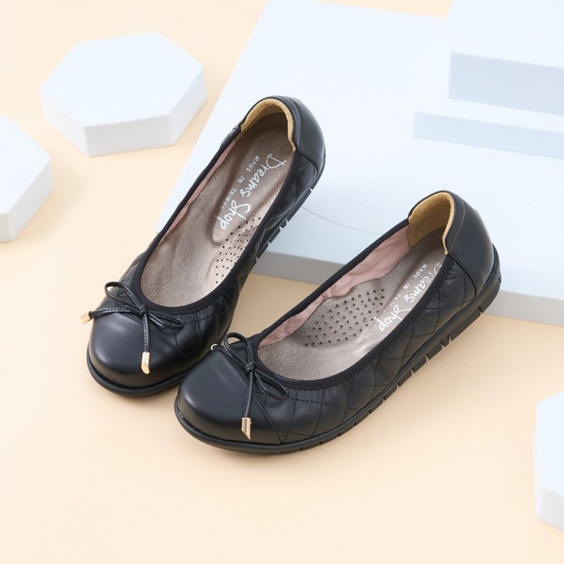 Wide last air cushion_diamond bow elastic band doll shoes black - Mary Jane Shoes & Ballet Shoes - Genuine Leather Black