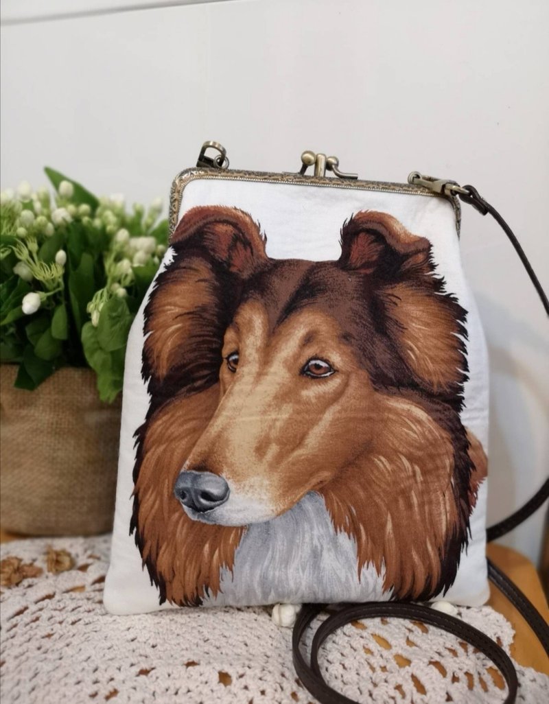 獨家 牧羊犬圖案 1990s美國絕版布 雙層口金斜揹袋【萌寵必入】 - 側背包/斜背包 - 棉．麻 