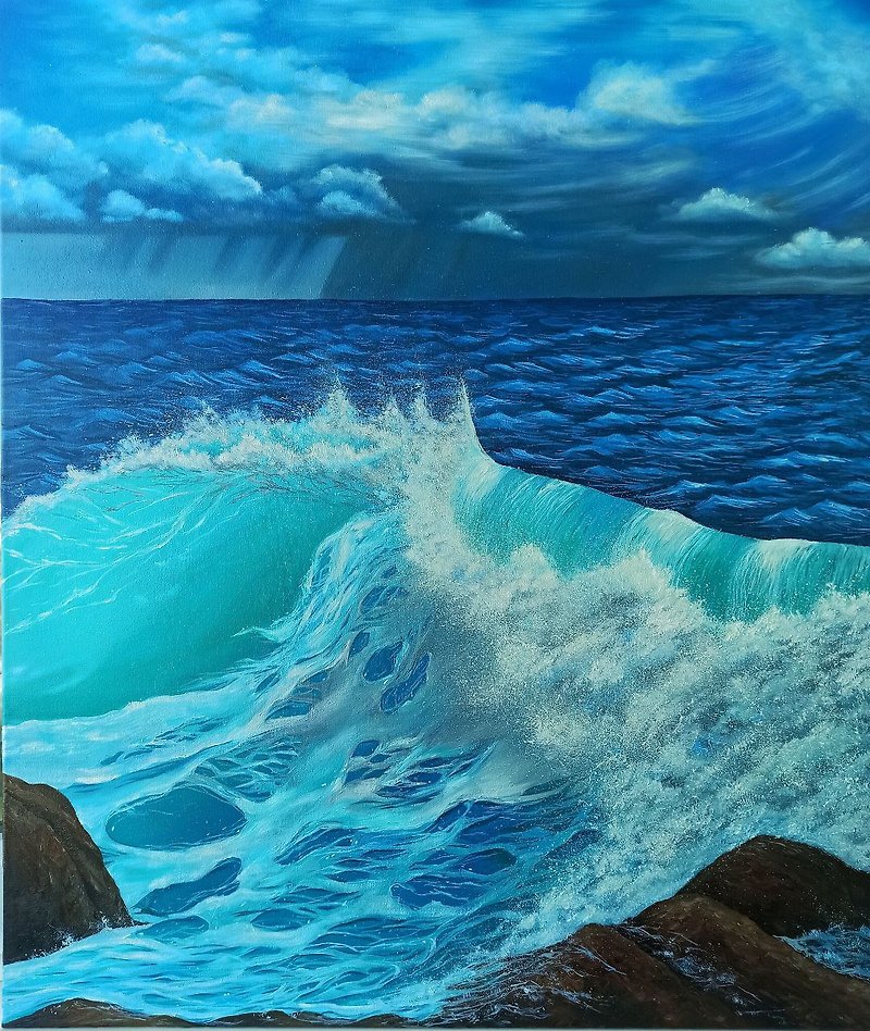 Sea Oil Painting Seascape Art Picture With Sea Blue Wave 海 - โปสเตอร์ - ผ้าฝ้าย/ผ้าลินิน หลากหลายสี