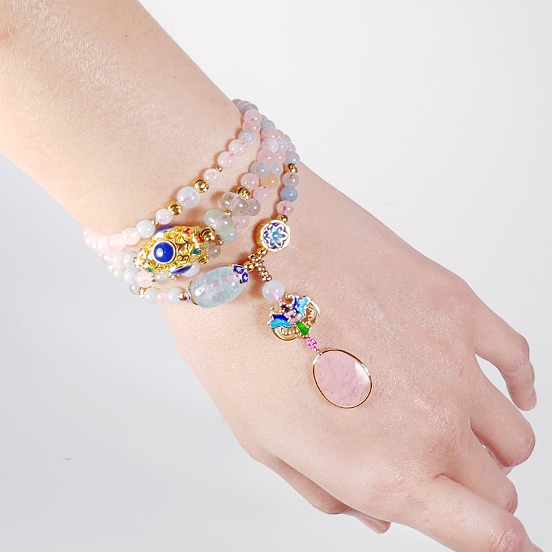 Natural Aquamarine Wisdom 108 Bracelet Rosary 4mm Rainbow Lucky Peach Blossom Only One Piece - Bracelets - Gemstone Pink