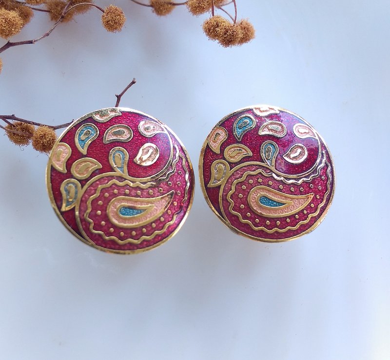 【西洋古董飾品 】景泰藍 紅色調變形蟲 夾式耳環 - 耳環/耳夾/耳骨夾 - 其他材質 金色