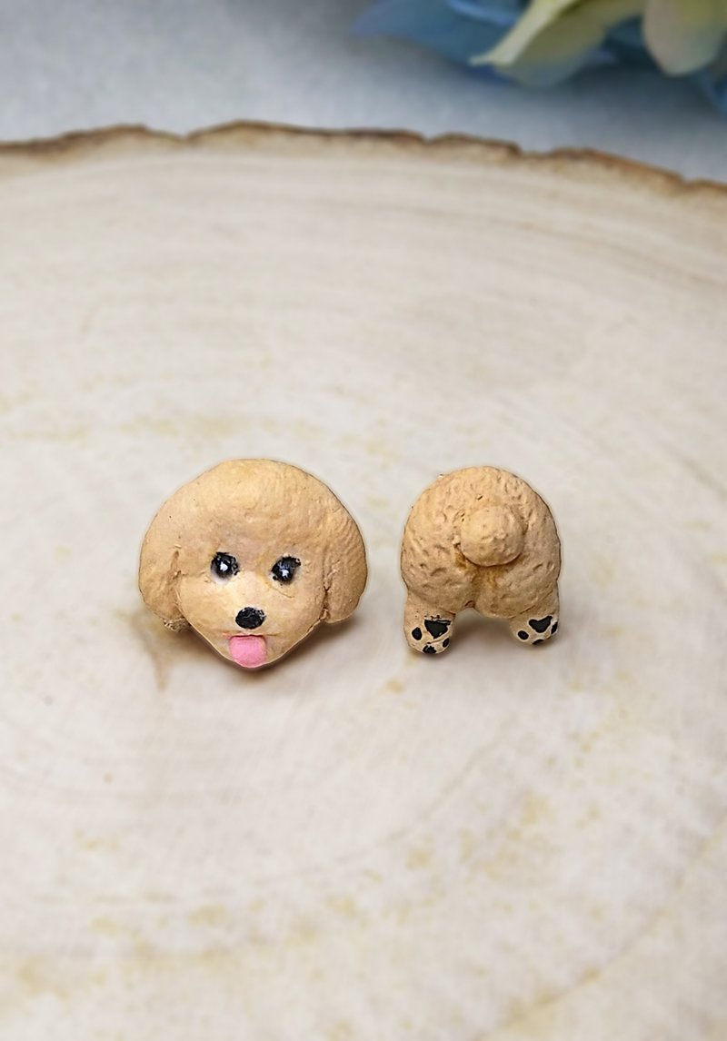 全手制 杏色 吐舌貴賓犬 貴婦狗 耳釘/耳夾 - 耳環/耳夾/耳骨夾 - 黏土 多色