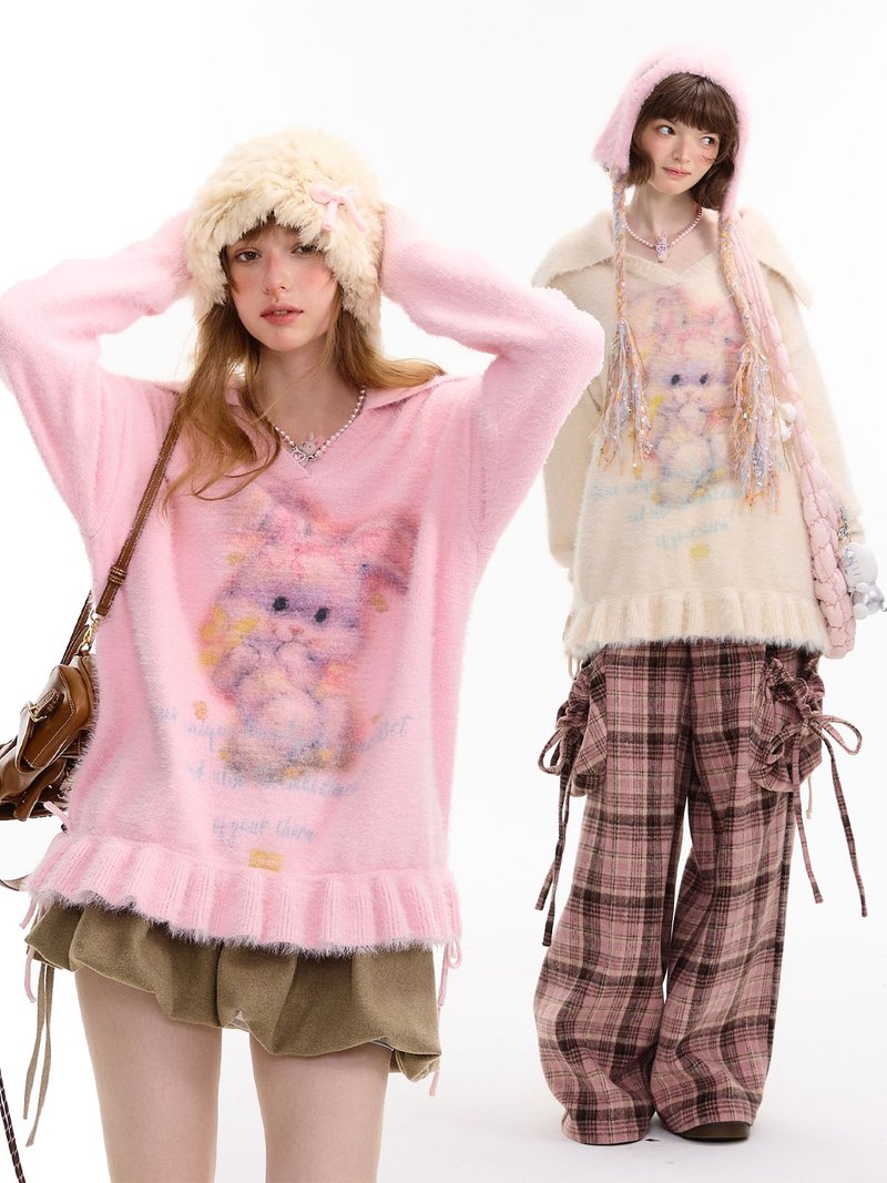 ziziFei秋冬季新款美式設計感poloV領百褶下擺兔子圖案抽繩毛衣女 - 女毛衣/針織衫 - 其他材質 