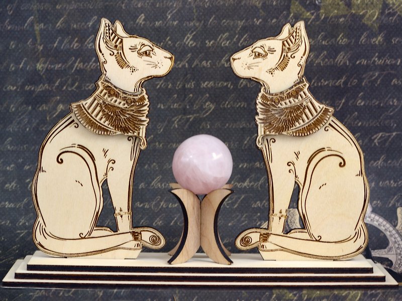Egyptian cats sphere stand Handmade Wood sphere holder Bastet statue Witchcraft