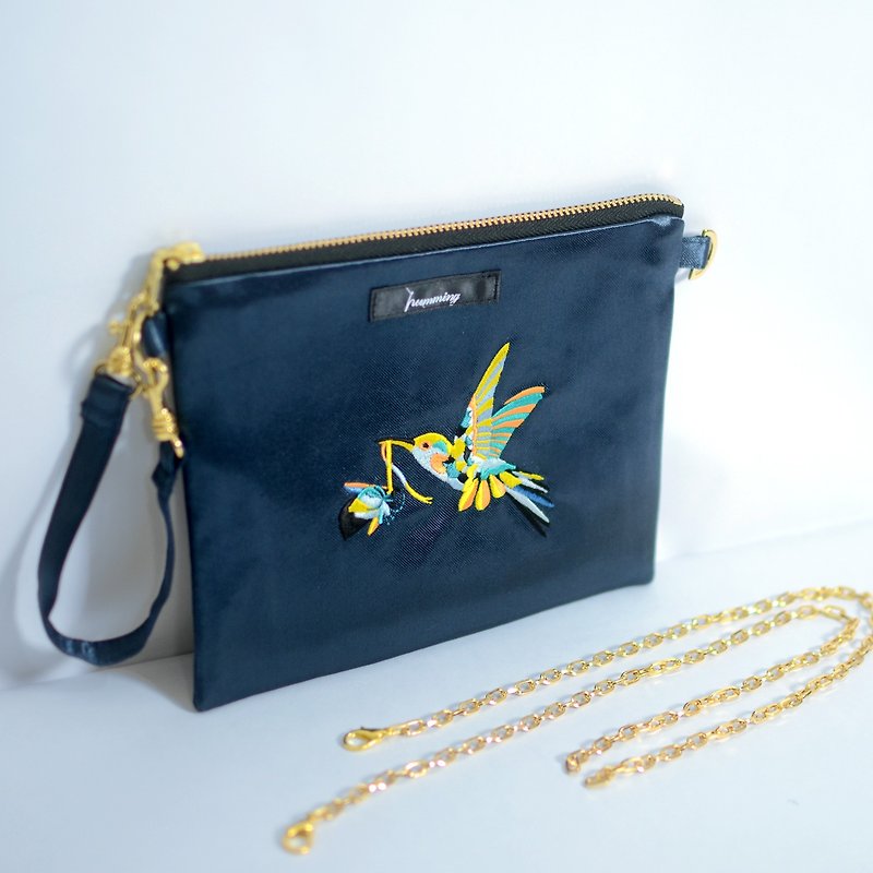 humming- Embroidery Bag /clutch / Hobo bag / sapphire - กระเป๋าคลัทช์ - งานปัก สีน้ำเงิน