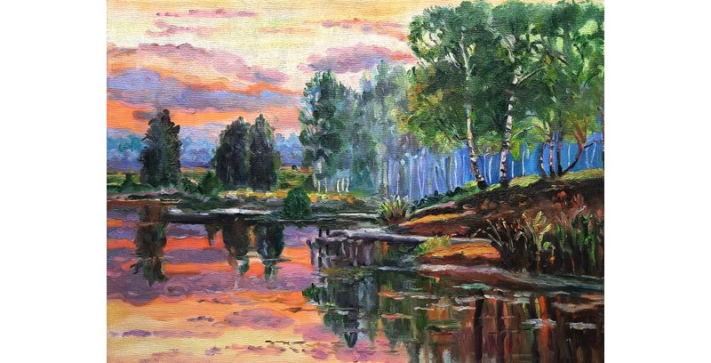 Lake Painting  Original Art Nature Artwork  Oil Painting   Oil On Canvas - 壁貼/牆壁裝飾 - 其他材質 橘色