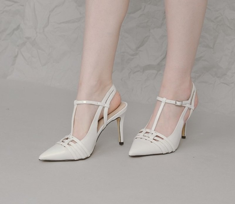 [Show products clear] hollow thin band overlap pointed fine high heel leather sandals white - Sandals - Genuine Leather White