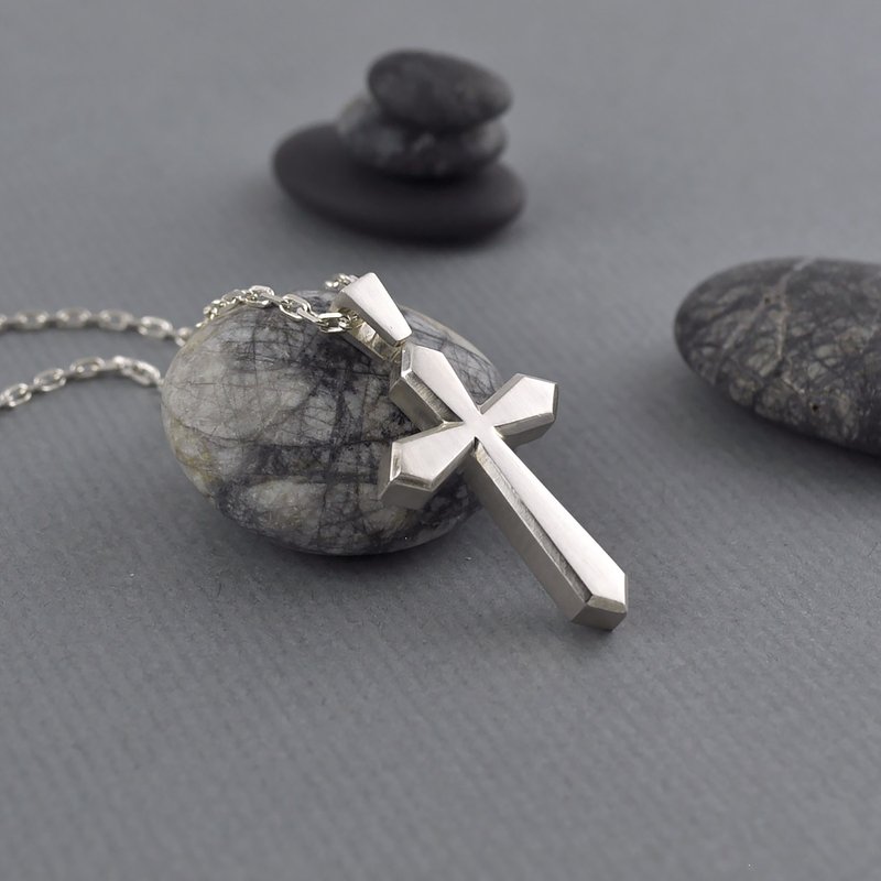 Sterling Silver Cross Necklace,Satin Finish - สร้อยคอ - เงินแท้ สีเงิน