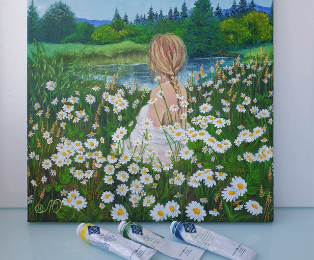 少女の絵 デイジー オリジナル アート 風景 アートワーク 油絵