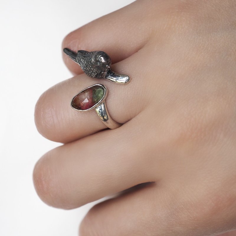 Hand-riding budgerigar bicolor tourmaline ring - General Rings - Other Metals Silver