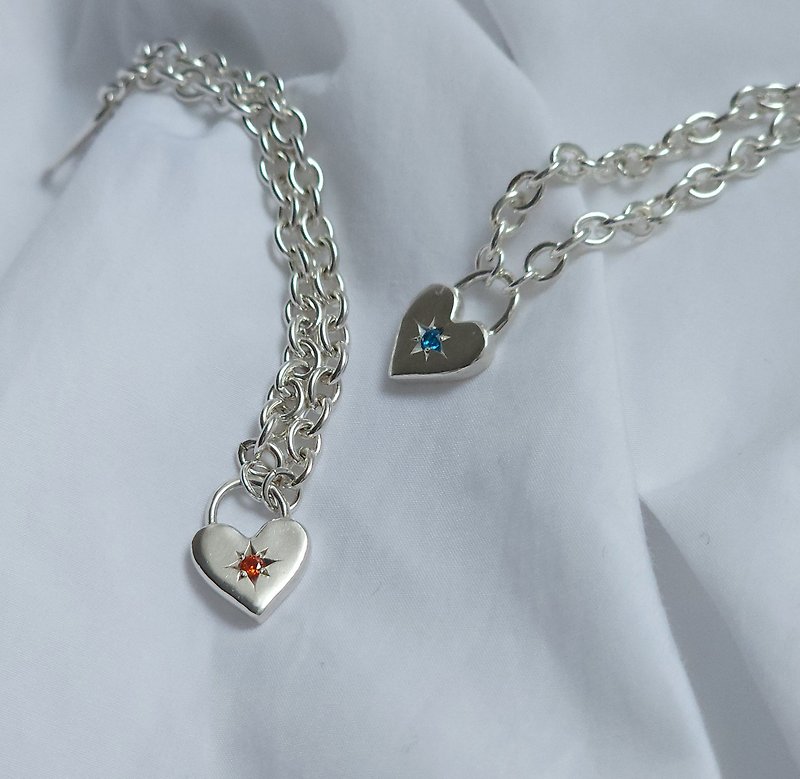 925 Silver Heart Lock Birthstone Bracelet B_101 - 手鍊/手環 - 其他金屬 銀色