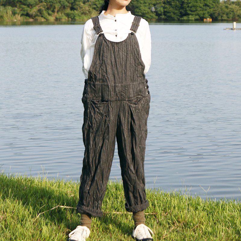 And - Finger Tip Scratch - Crinkle Stripe Suspenders Pants - Overalls & Jumpsuits - Polyester Gray