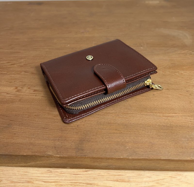 Italian Vegetable Tanned Leather Snap Zip Short Clip - Dark Wood Brown - Wallets - Genuine Leather 