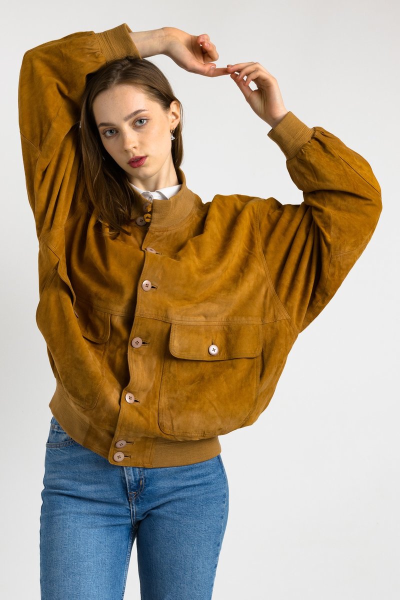 Suede Bomber Jacket 80s Brown Suede Jacket Buttons Up Moto 6227 - 女大衣/外套 - 真皮 咖啡色