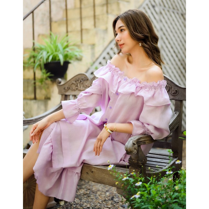 Summer Off Shoulder Linen Dress - Lavender - ชุดเดรส - ผ้าฝ้าย/ผ้าลินิน สีม่วง