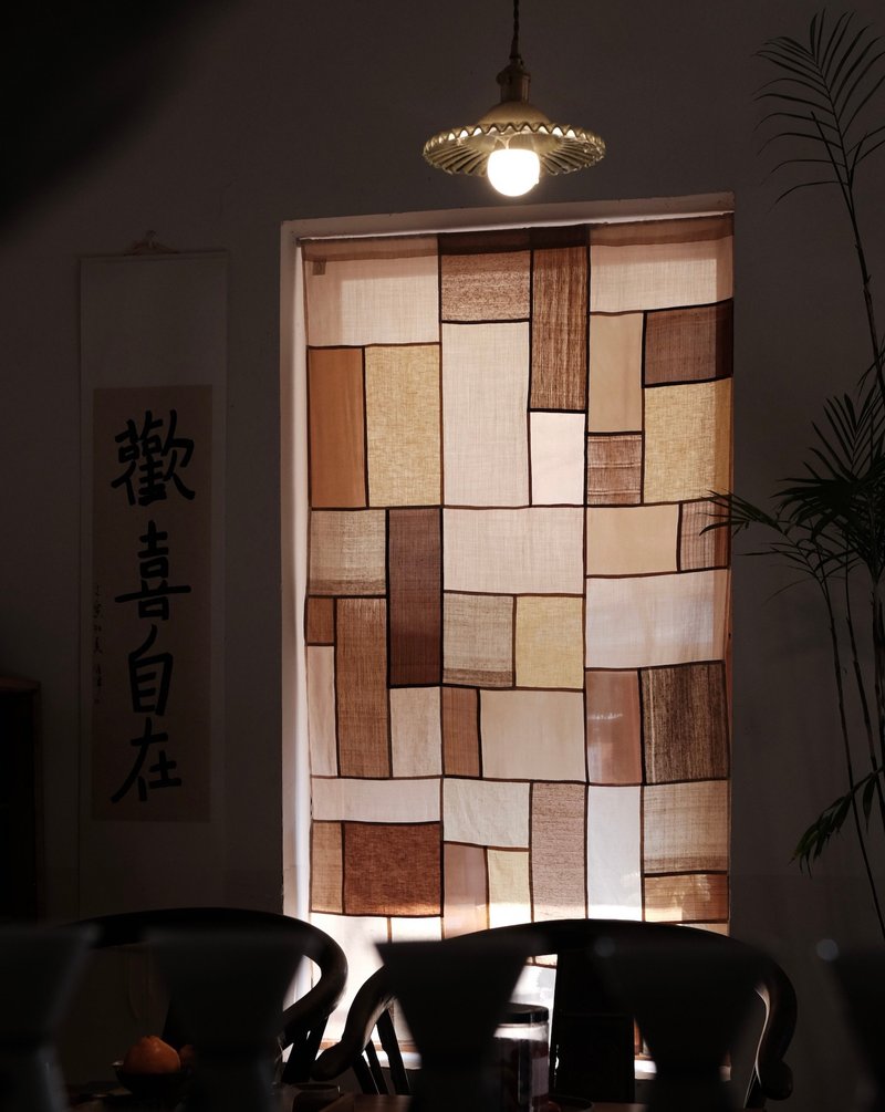 茶染拼布门帘 手工植物染 中式日式和风遮光半帘亚麻隔断 - 門簾/門牌 - 棉．麻 咖啡色