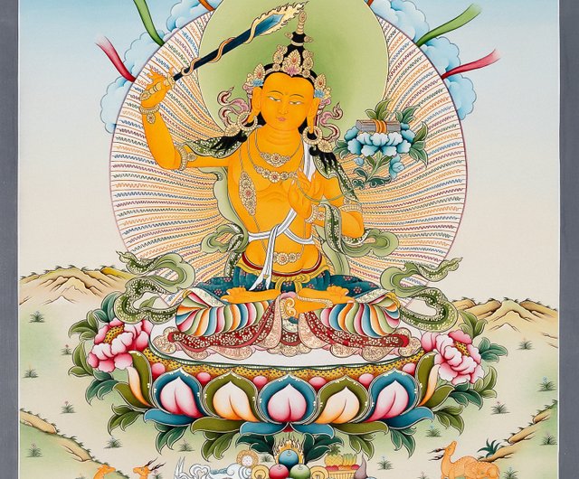 手描きの文殊菩薩タンカ ー 知識探求者のためのユニークなアート