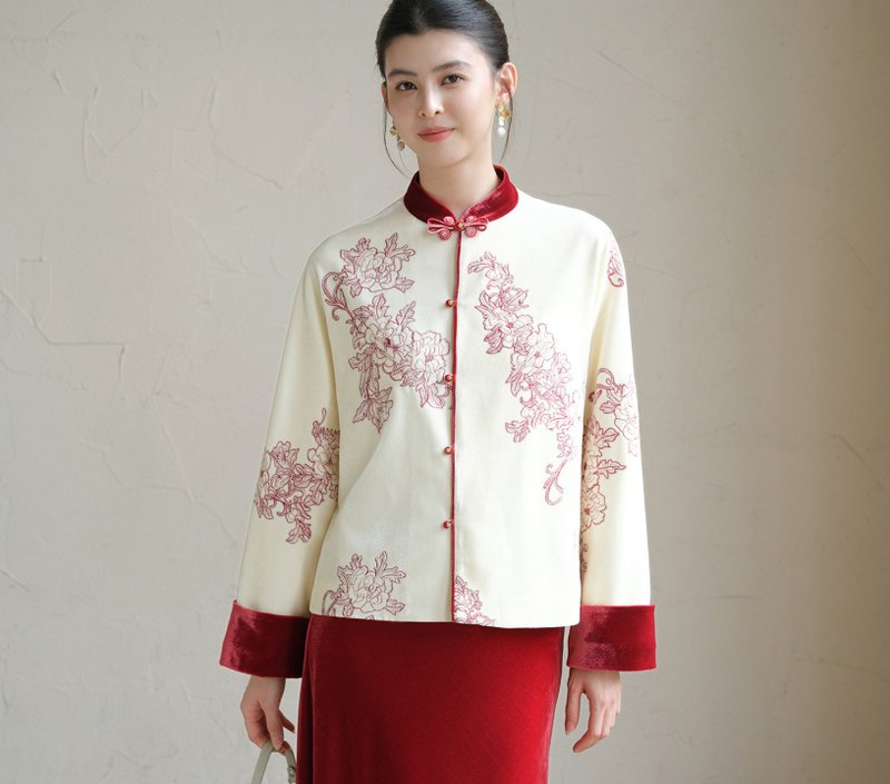 【絲絨刺繡】新中式復古中國風 氣質盤扣短外套/半裙 - 女大衣/外套 - 其他材質 紅色