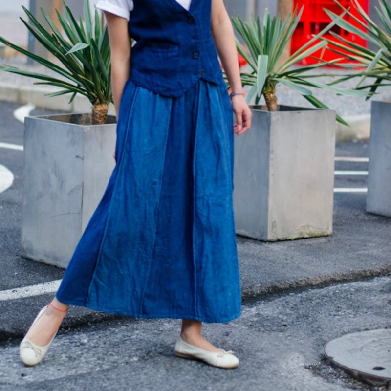 七月與安生 | 靛藍色 漢麻拼片雙面穿複古半身裙子 彈力鬆緊腰裙 - 裙子/長裙 - 棉．麻 藍色