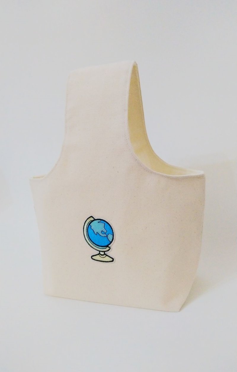 手提袋 挽袋 刺繡手提包 地球儀 (大款) - 手提包/手提袋 - 棉．麻 白色
